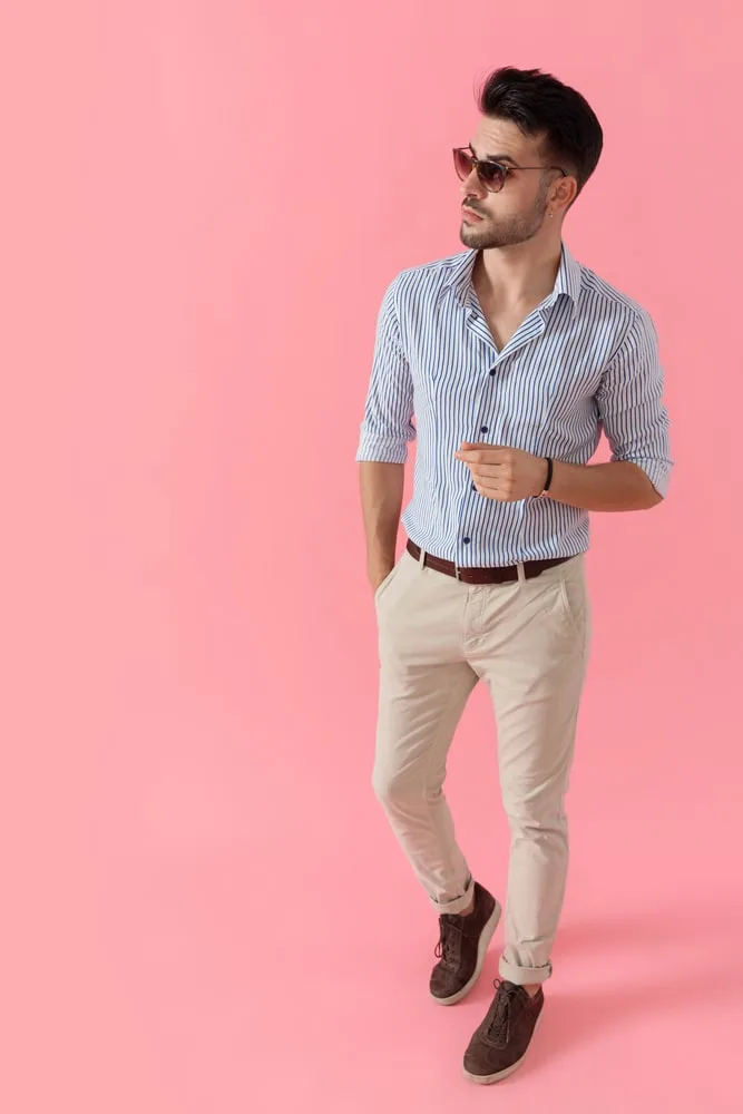 blue dress shirt khakis and brown shoes