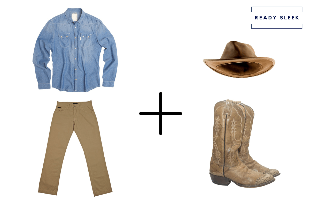 brown cowboy boots + blue denim shirt + khaki chinos + brown cowboy hat combo