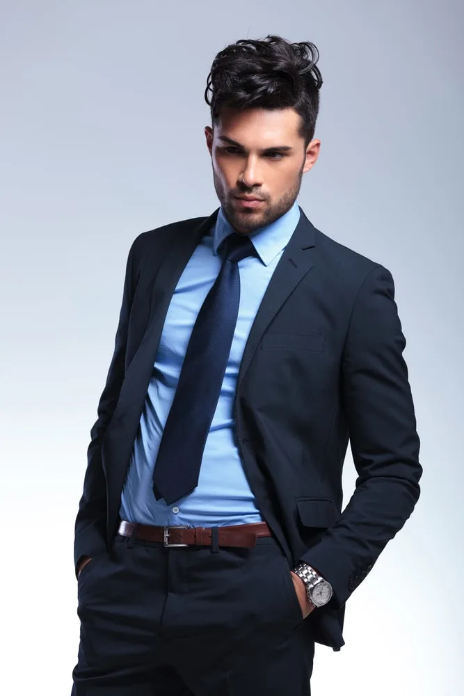 dark blue suit with blue shirt 