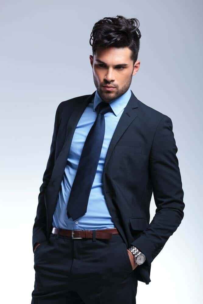 dark blue suit with blue shirt