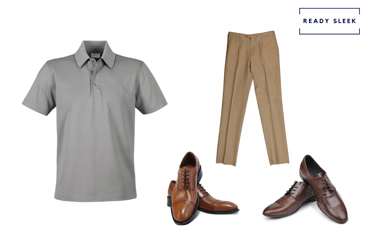 grey polo + khaki pants + light brown oxford + dark brown dress shoes