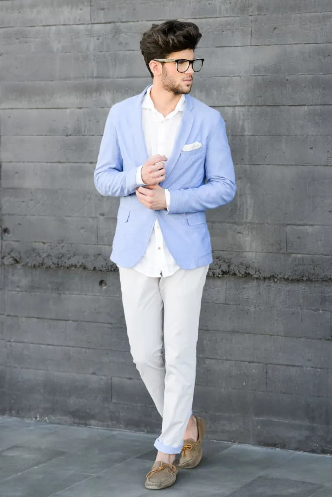 light blue blazer and grey pants