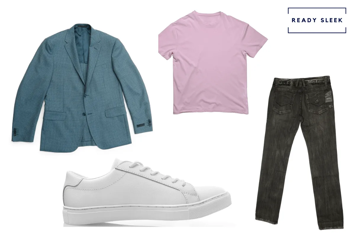 light blue blazer + black jeans + pink t shirt + white sneakers combo