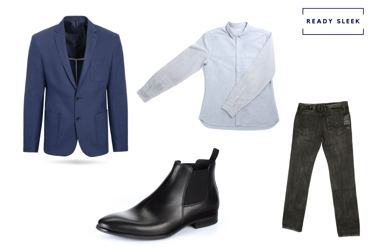 navy blue blazer + black jeans + light blue OCBD + black leather chelsea boots