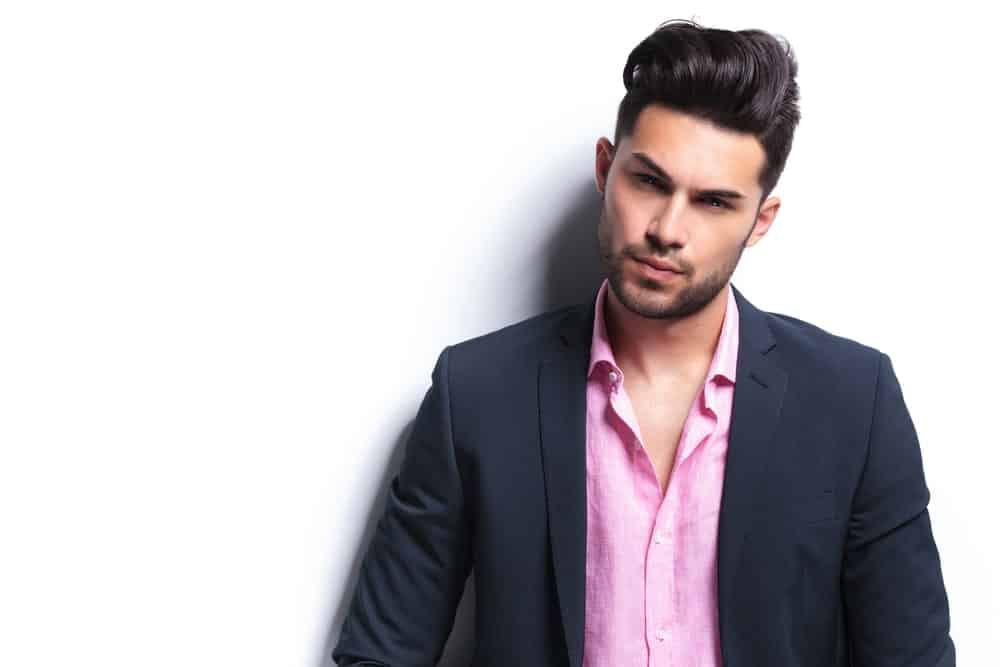 pink shirt navy blue suit
