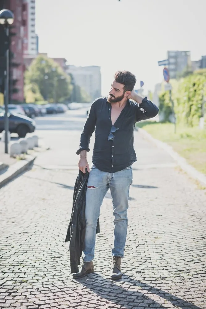 olive green shirt with blue pants