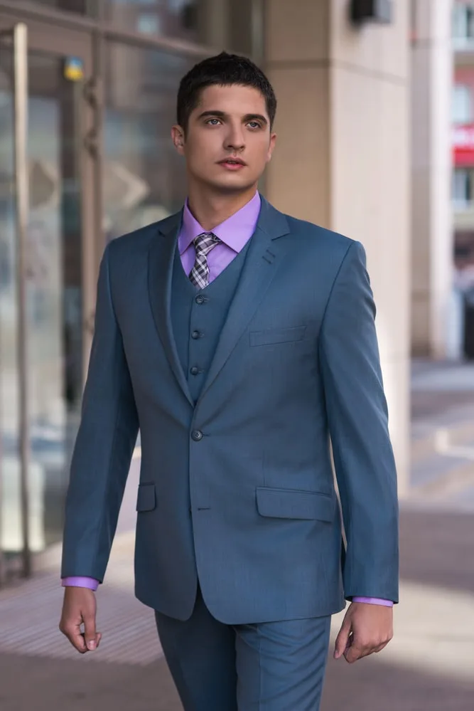 steel blue suit and pink shirt 