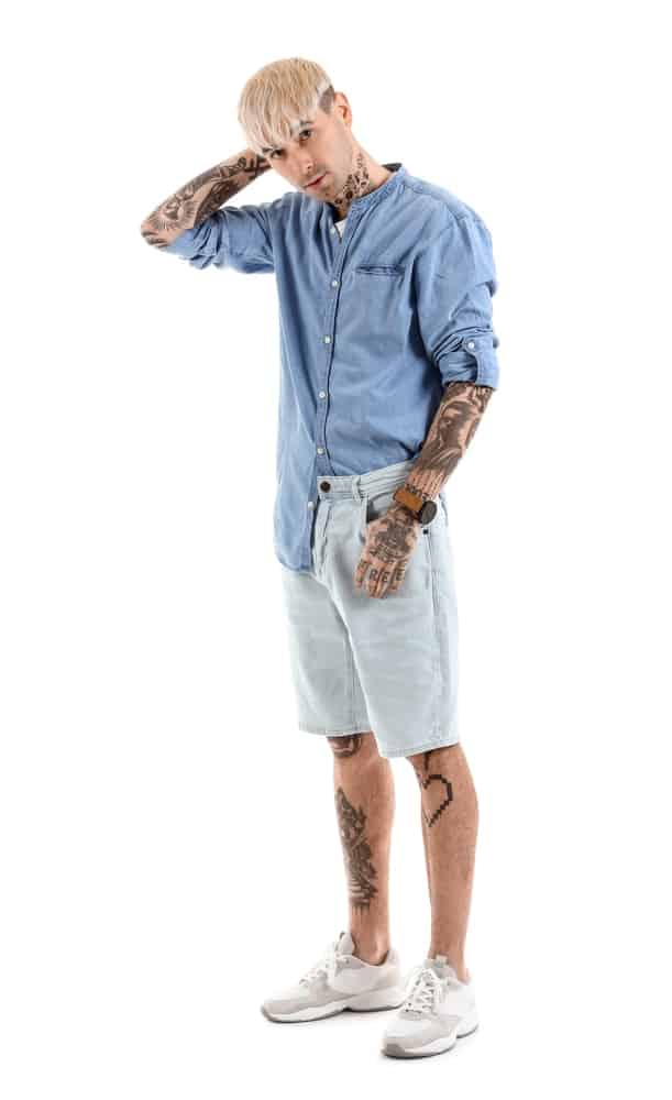 untucked denim shirt with shorts