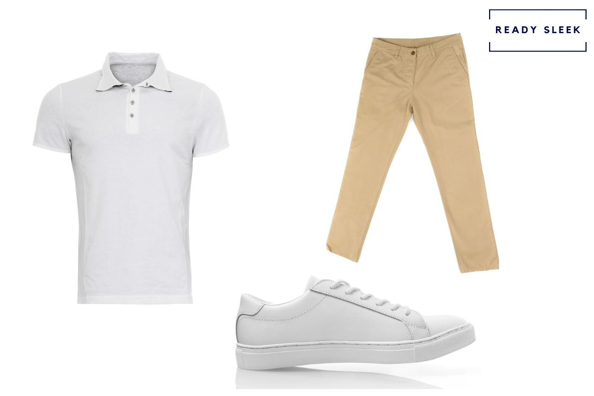 white polo shirt + the khakis + white sneakers