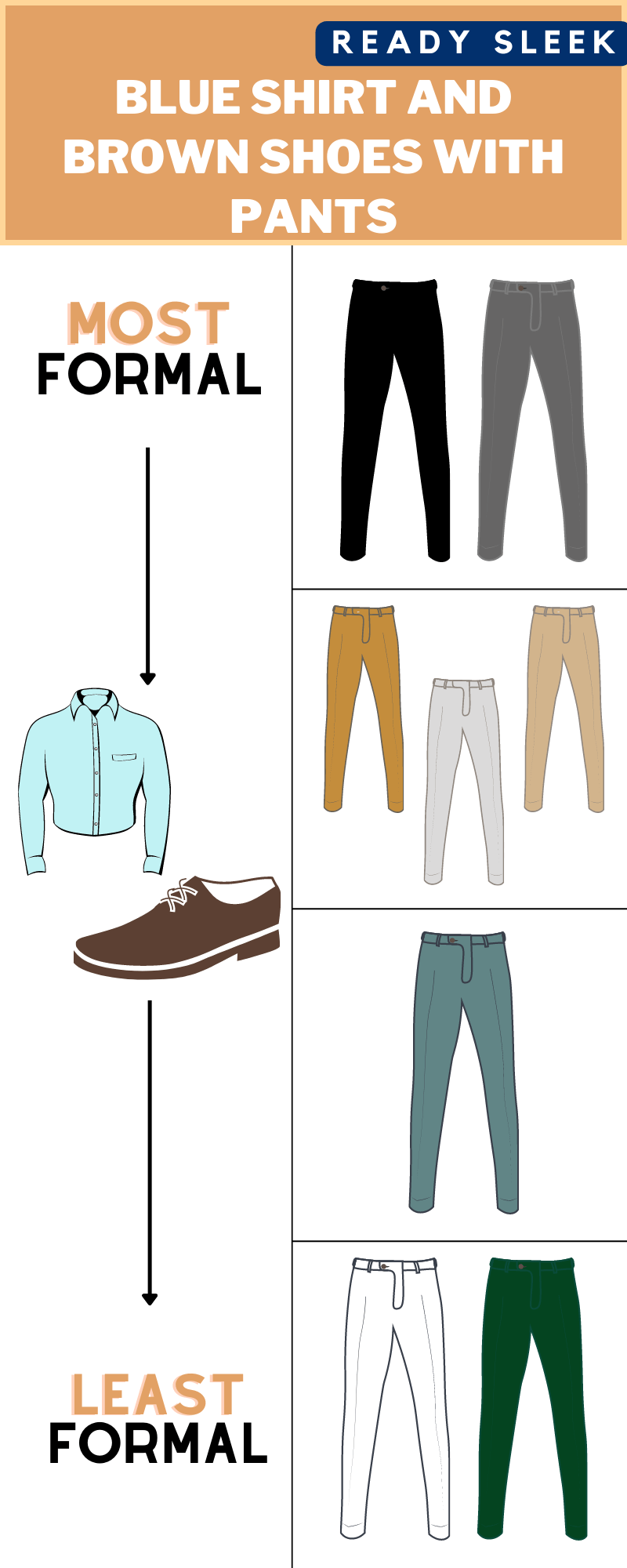 7 Pants Colors To Wear With A Blue Shirt And Brown Shoes • Ready Sleek