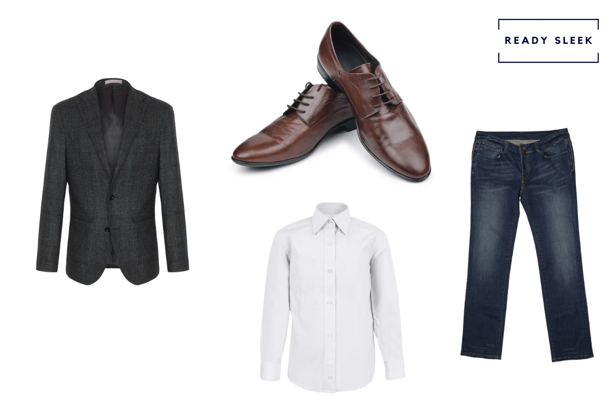 Black blazer + dark blue jeans + white casual shirt + dark brown dress shoes