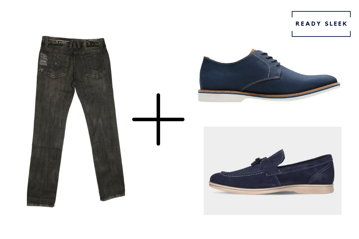 Black jeans + blue suede derby shoes + suede tassel loafers