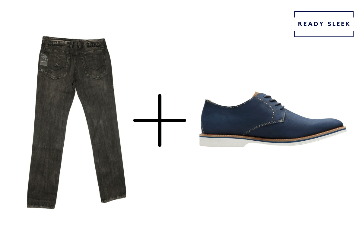 Black jeans + blue suede derby shoes