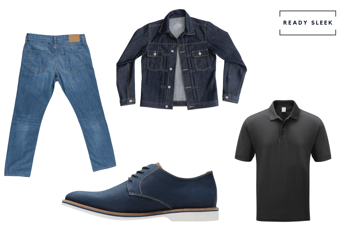 Black polo shirt + denim jacket + medium blue jeans + blue suede derby shoes