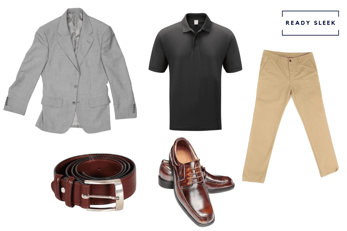 Black polo shirt + khaki pants + casual grey blazer + oxblood belt + oxblood shoes