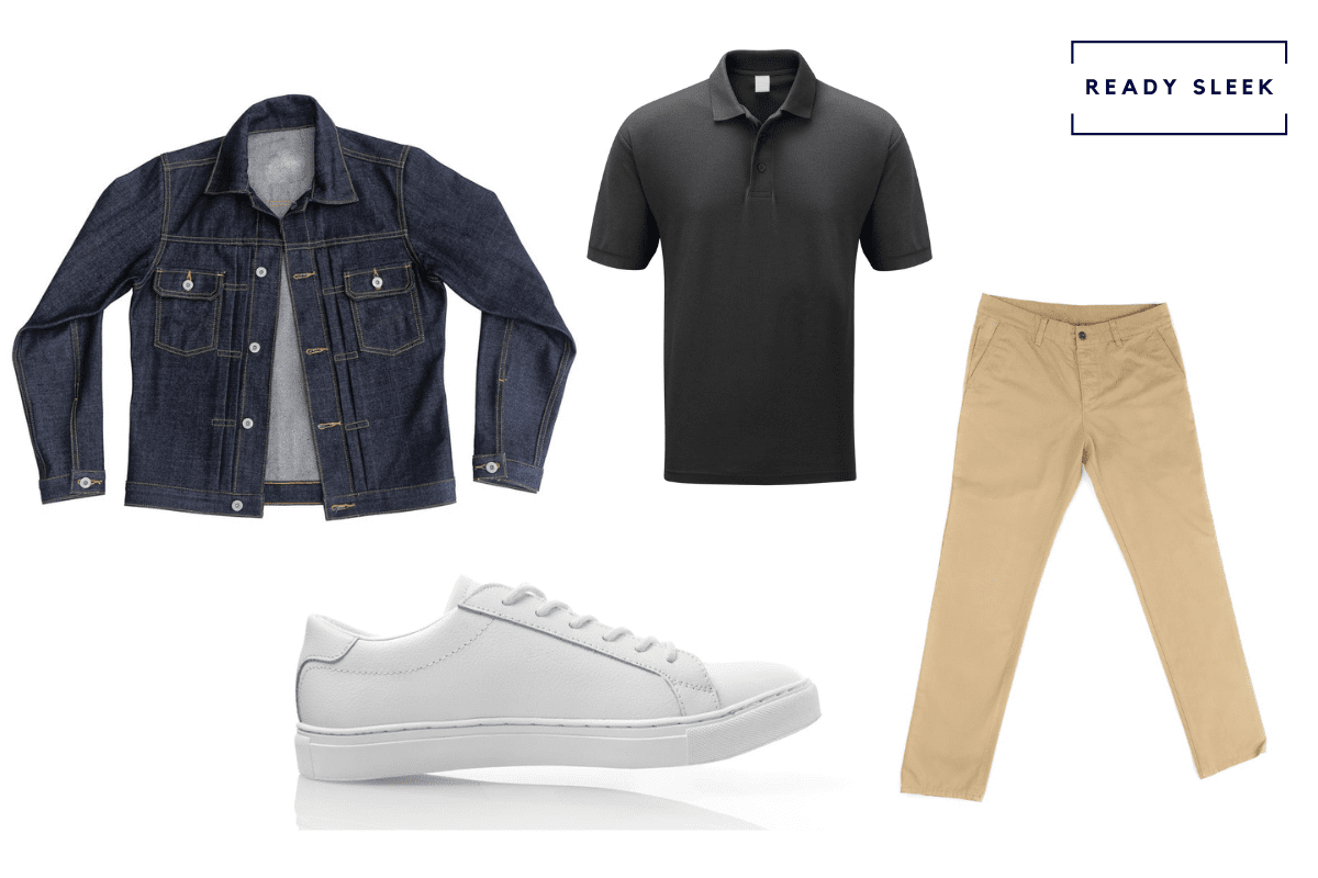 Black polo shirt + khaki pants + denim jacket + white sneakers