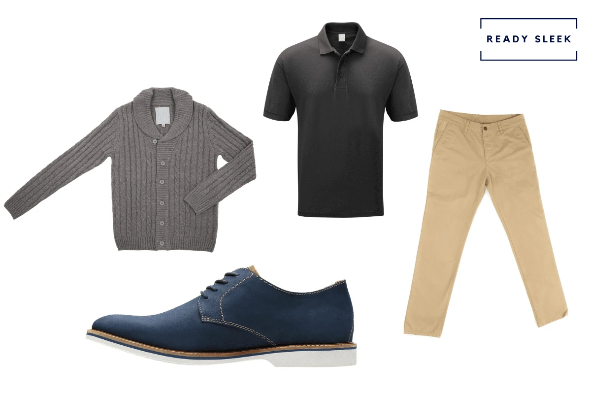 Black polo shirt + khaki pants + grey cardigan + blue suede derby shoes