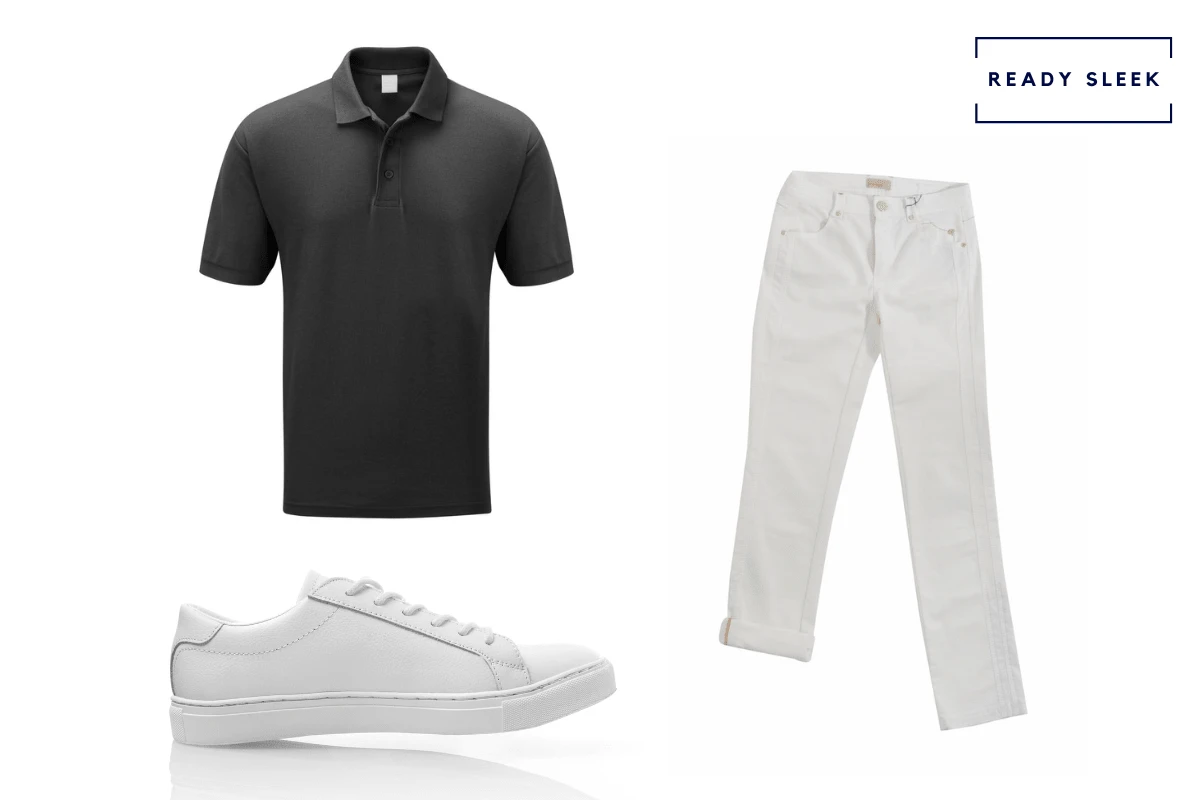 Black polo shirt + white jeans + white sneakers