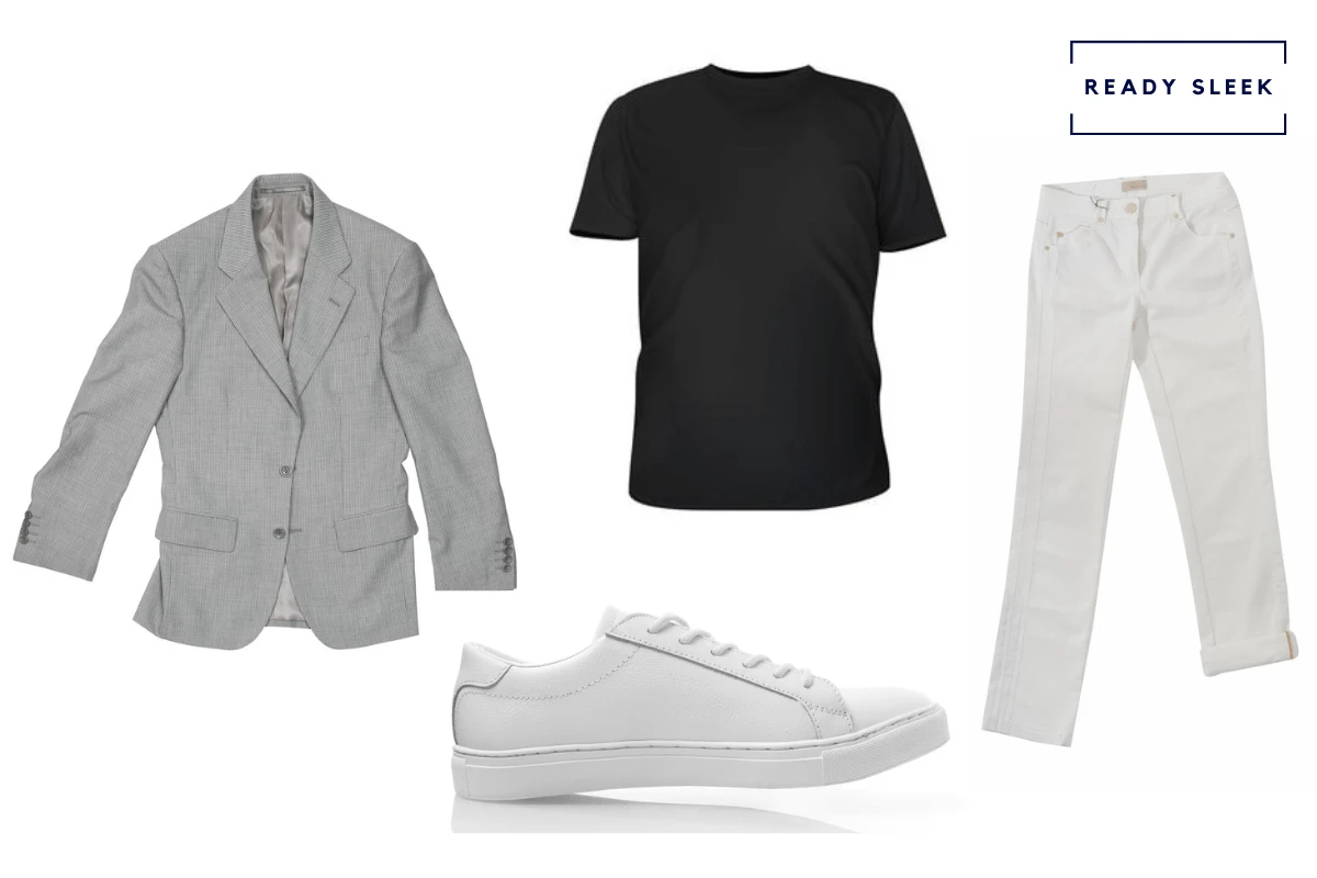 Black tshirt + white jeans + casual grey blazer + white sneakers