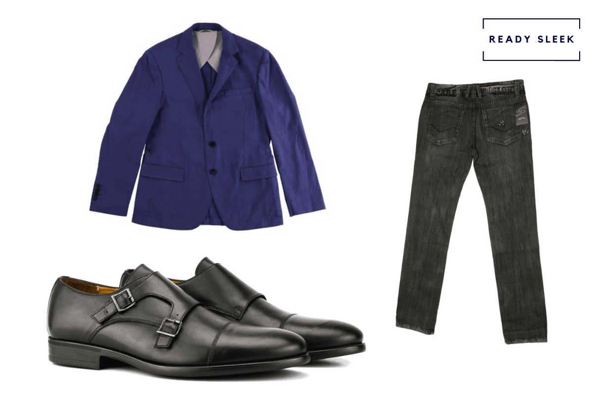 Blue blazer with black jeans and double monkstrap shoes