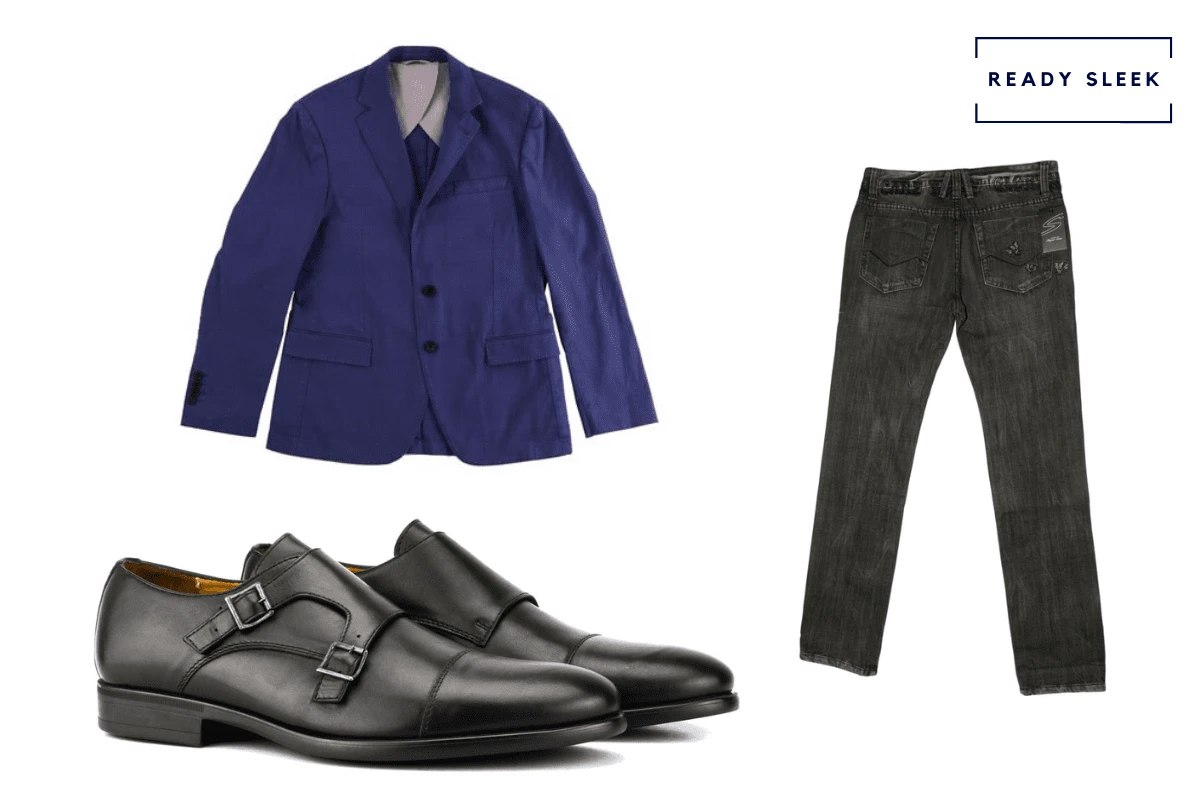 Blue blazer with black jeans and double monkstrap shoes