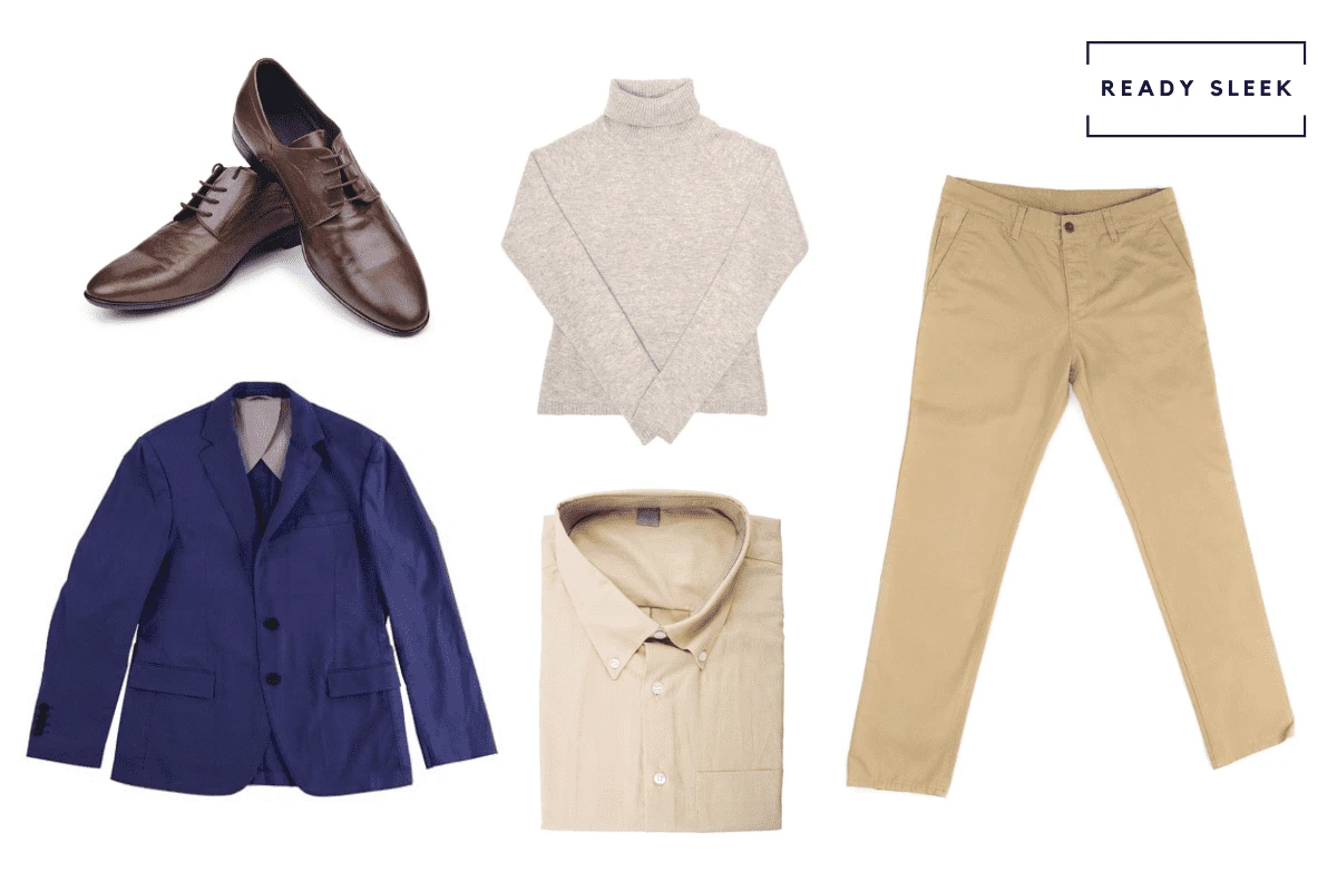Blue blazer + khaki pants + beige shirt + grey turtleneck + dark brown suede shoes