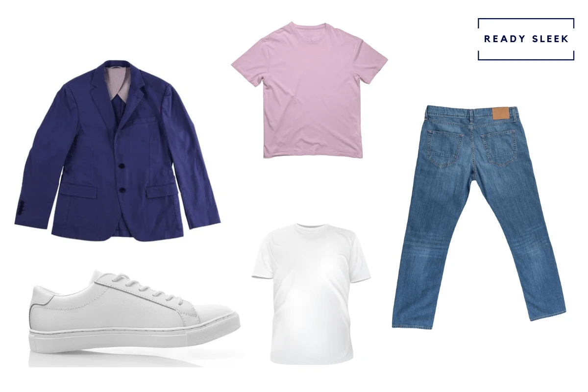 Blue blazer + medium blue jeans + white shirt + pink tshirt + white sneakers