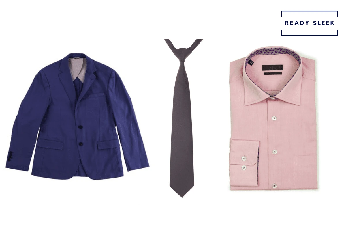 Blue suit with pink shirt and plum purple tie