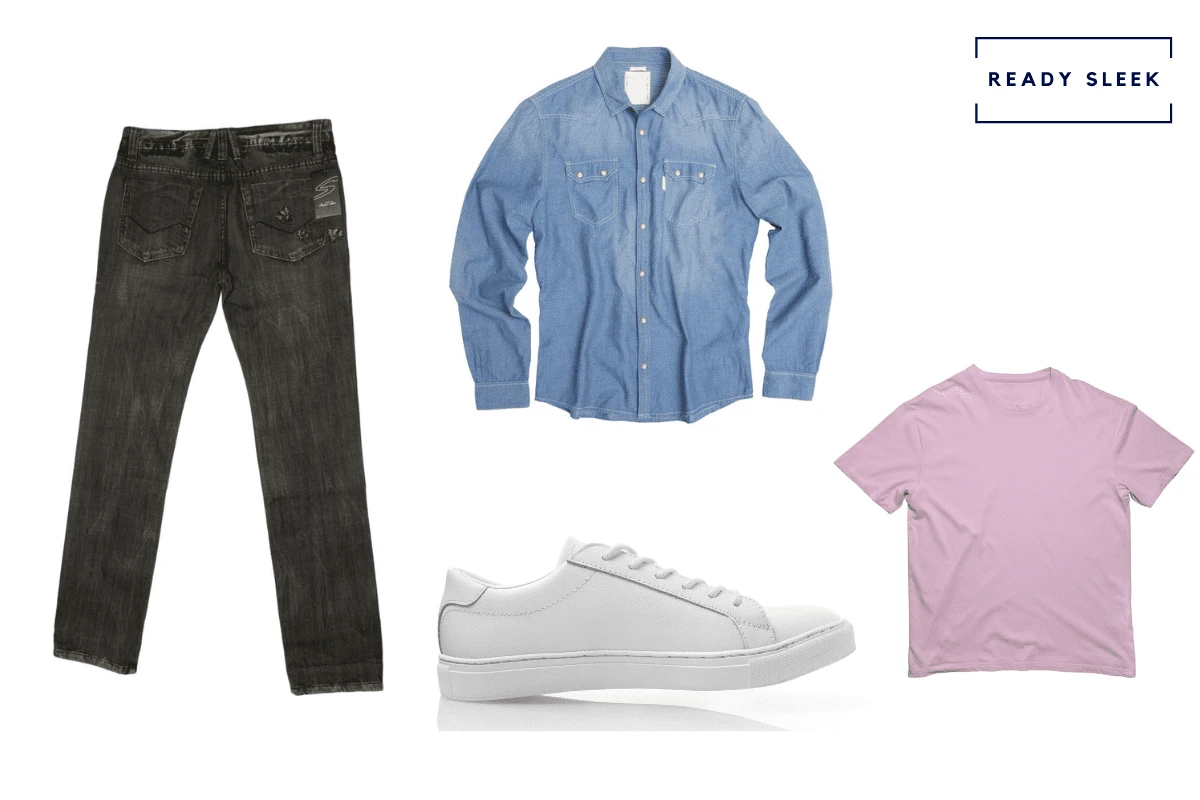 Blue denim shirt + black jeans + pink tshirt + white sneakers