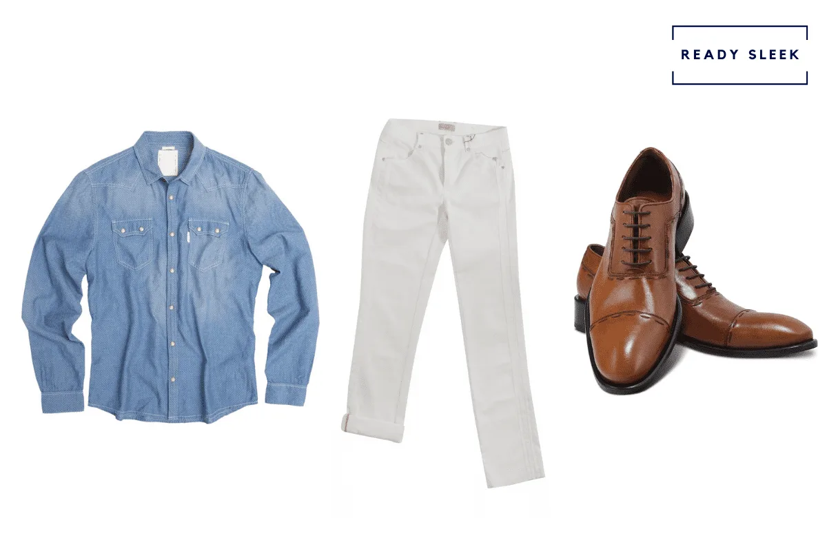 Blue denim shirt + white jeans + light brown cap toe oxfords