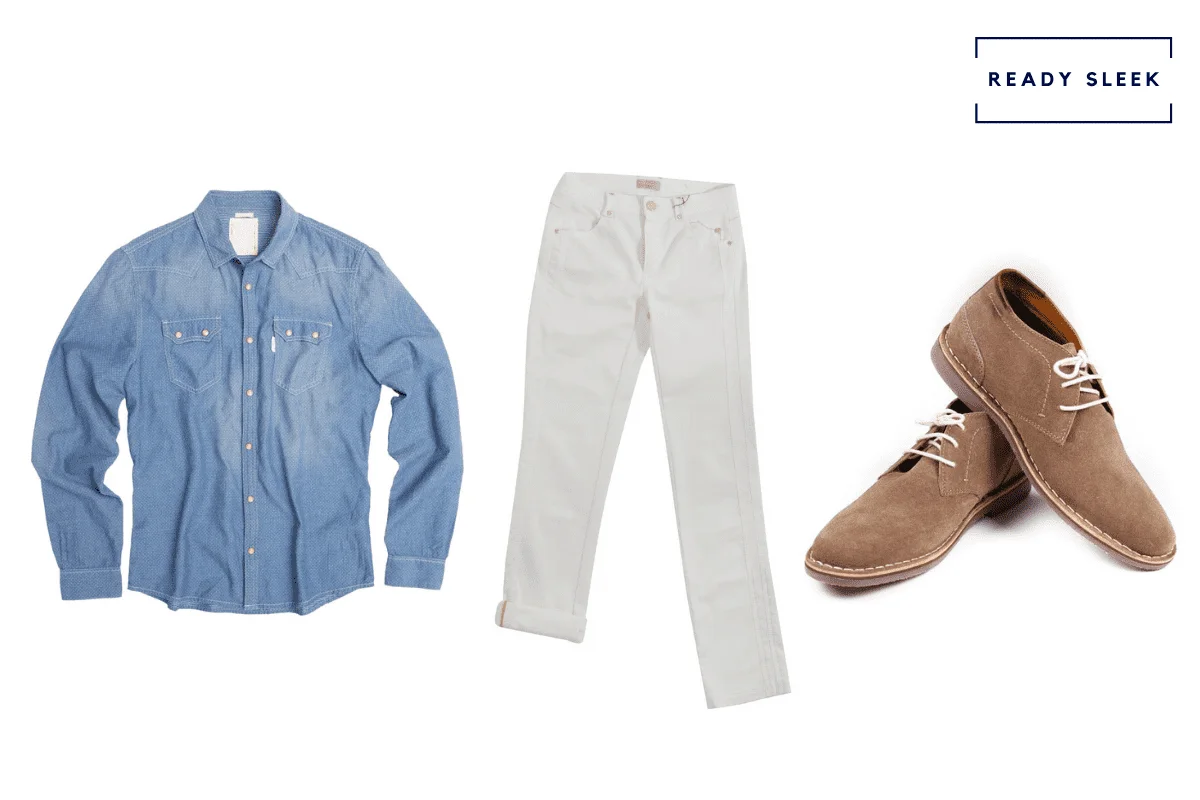 Blue denim shirt + white jeans + suede chukka boots