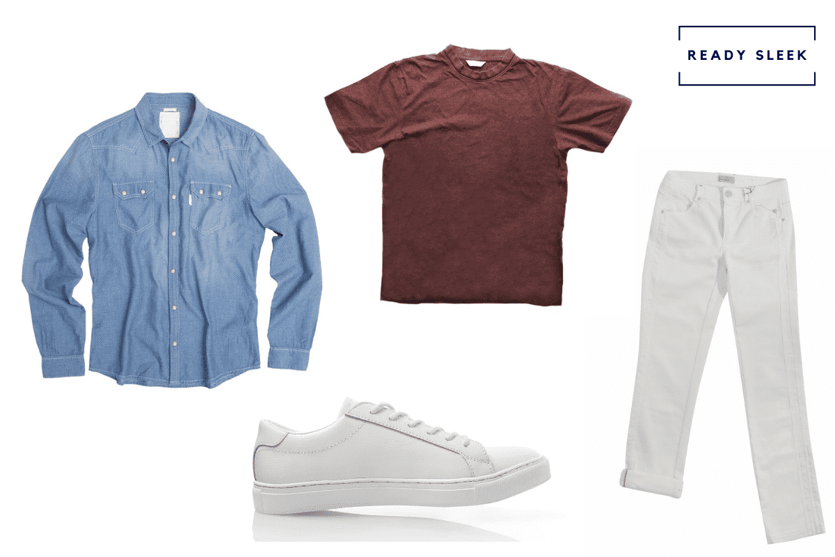 Blue denim shirt + white jeans + white sneakers + maroon tshirt