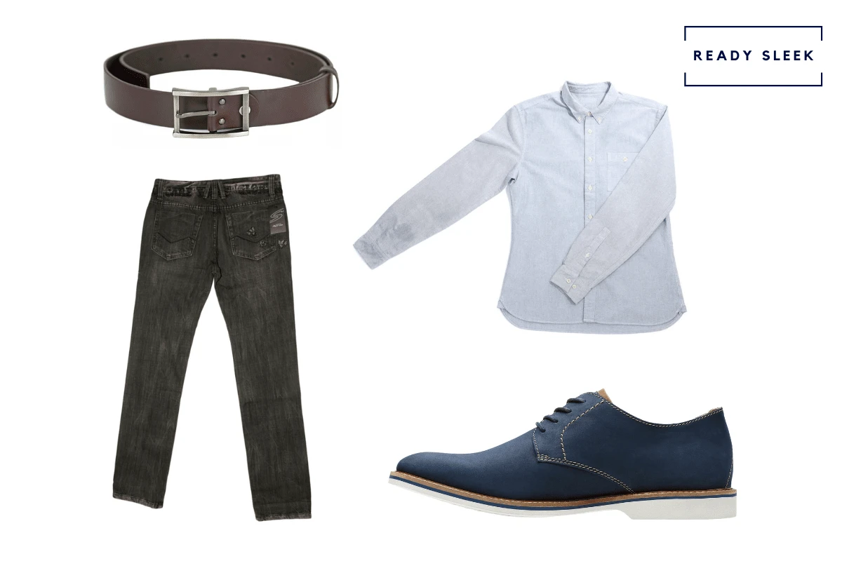 Blue suede derby shoes + light OCBD + dark brown belt + black jeans