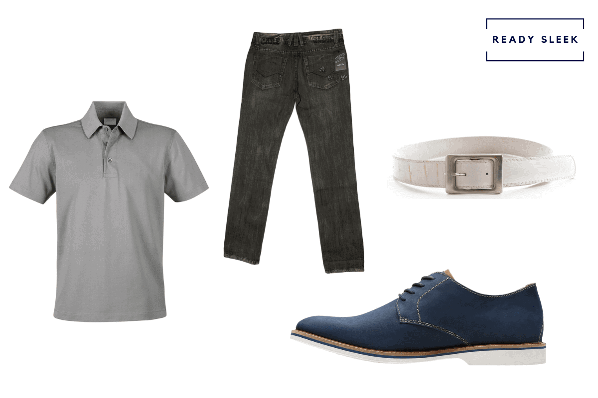 Blue suede derby shoes + white belt +black jeans + grey shirt