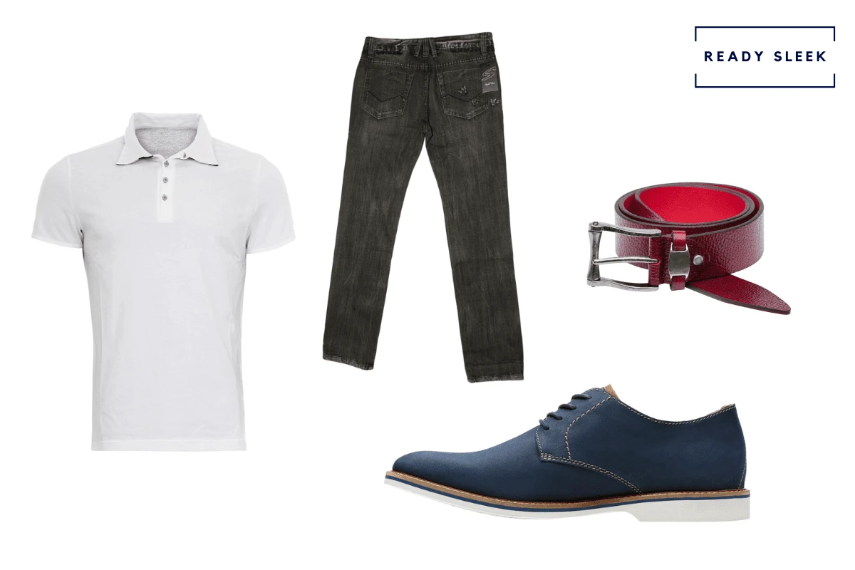 Blue suede derby shoes + white polo shirt + black jeans + burgundy belt