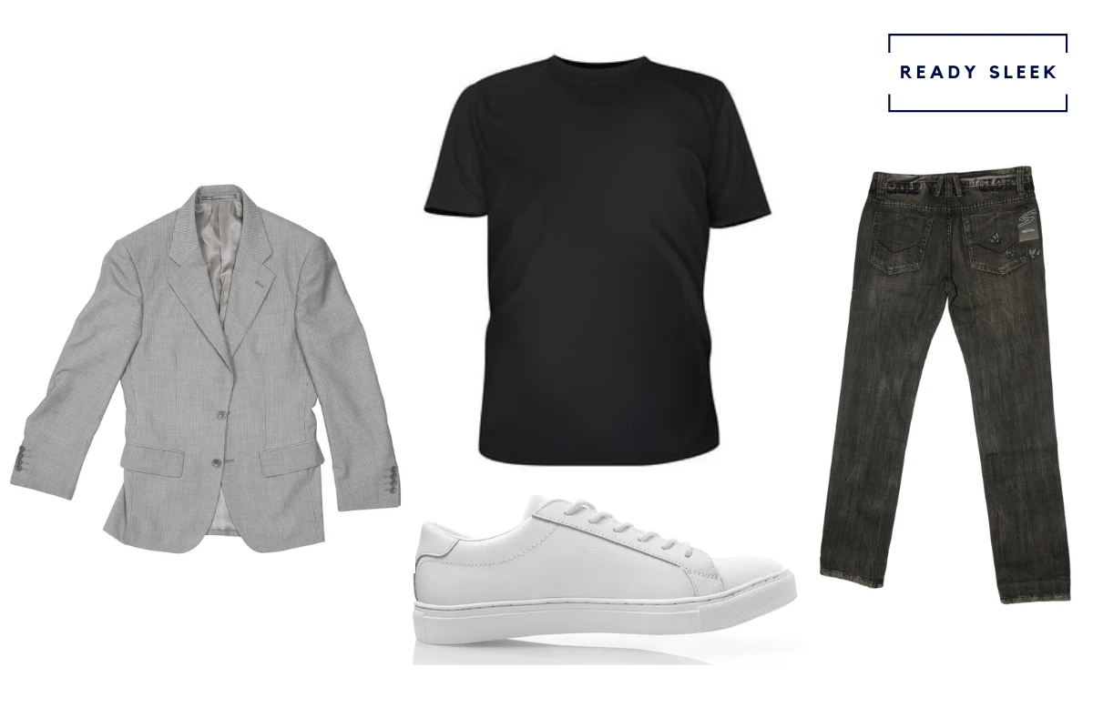 Casual grey blazer + black tshirt + black jeans + white sneakers