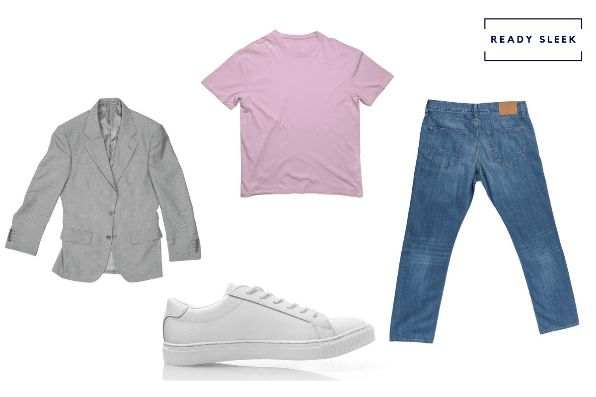 Casual grey blazer with pink tshirt, medium blue jeans and white sneakers