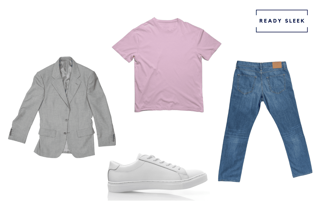 Casual grey blazer with pink tshirt, medium blue jeans and white sneakers