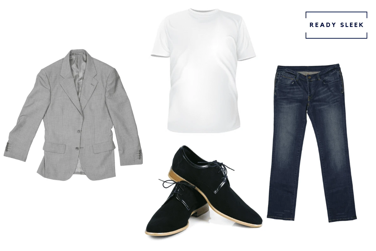 Casual grey blazer with white tshirt, dark blue jeans and black suede shoes