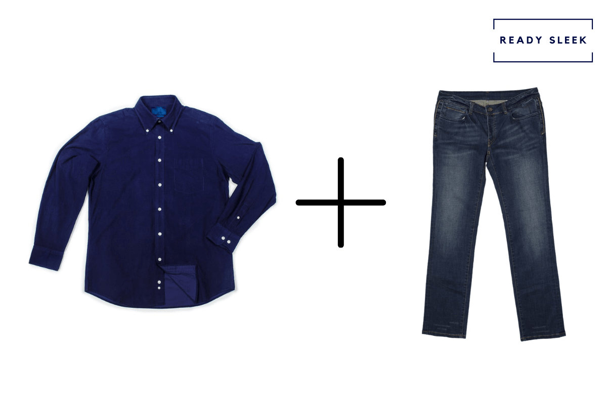 Casual navy shirt + dark blue jeans