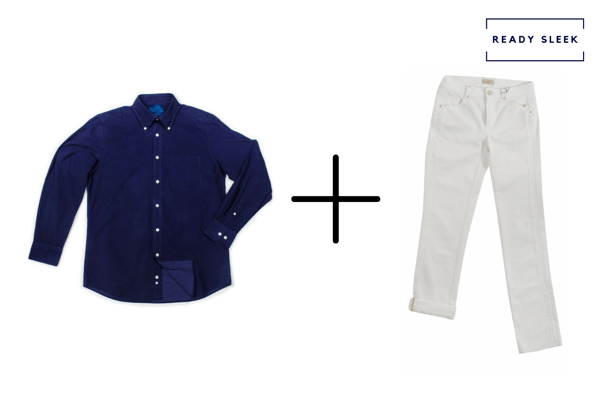 Casual navy shirt + white jeans