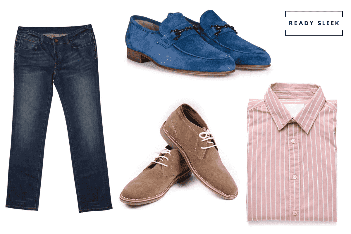 Casual pink shirt + dark blue jeans + suede chukka boots + blue suede loafers