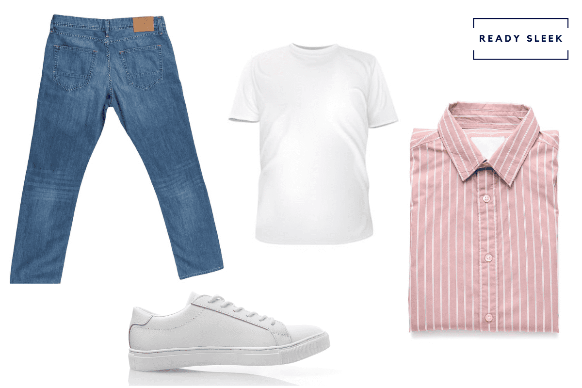 Casual pink shirt + medium blue jeans + white tshirt + white sneakers