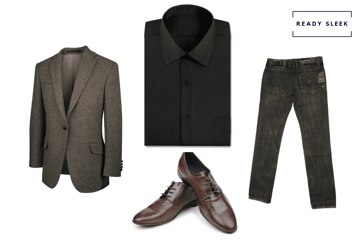 Charcoal grey blazer with black shirt, black jeans and dark brown dress shoes