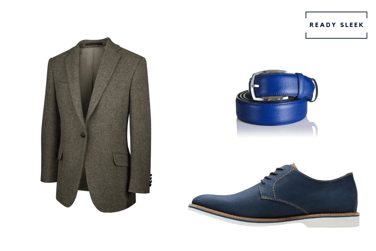 Charcoal grey blazer with blue leather shoes + navy suede shoes + blue belt
