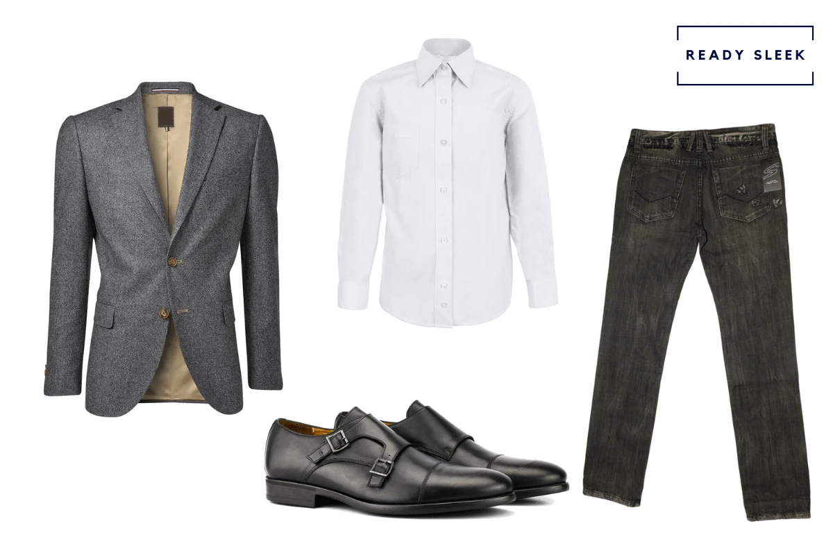 Dark grey blazer + black jeans + white casual shirt + black monkstrap shoes