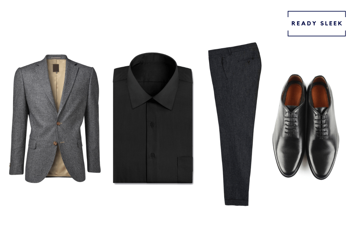 grey blazer with black shirt and pant