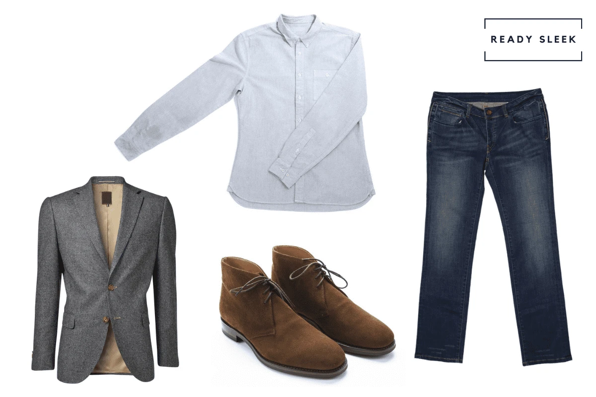 Dark grey blazer with light OCBD shirt, dark blue jeans and brown chukka boots