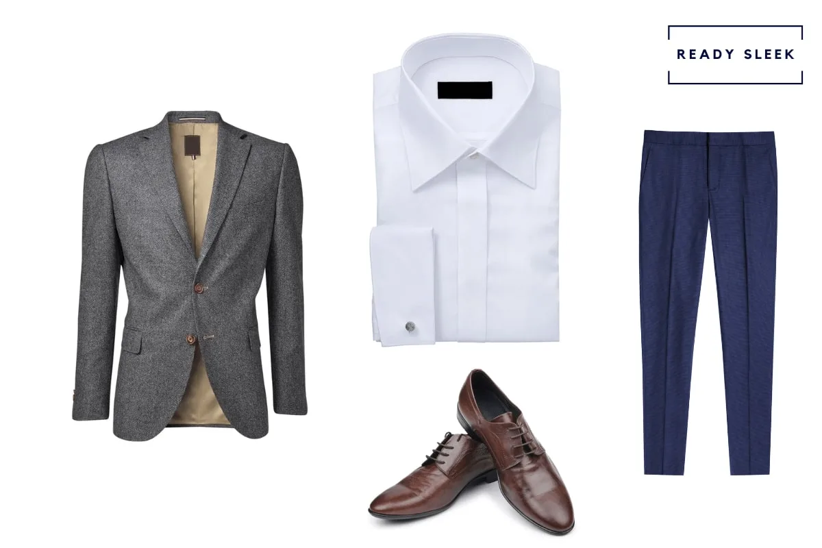 navy trousers and grey blazer