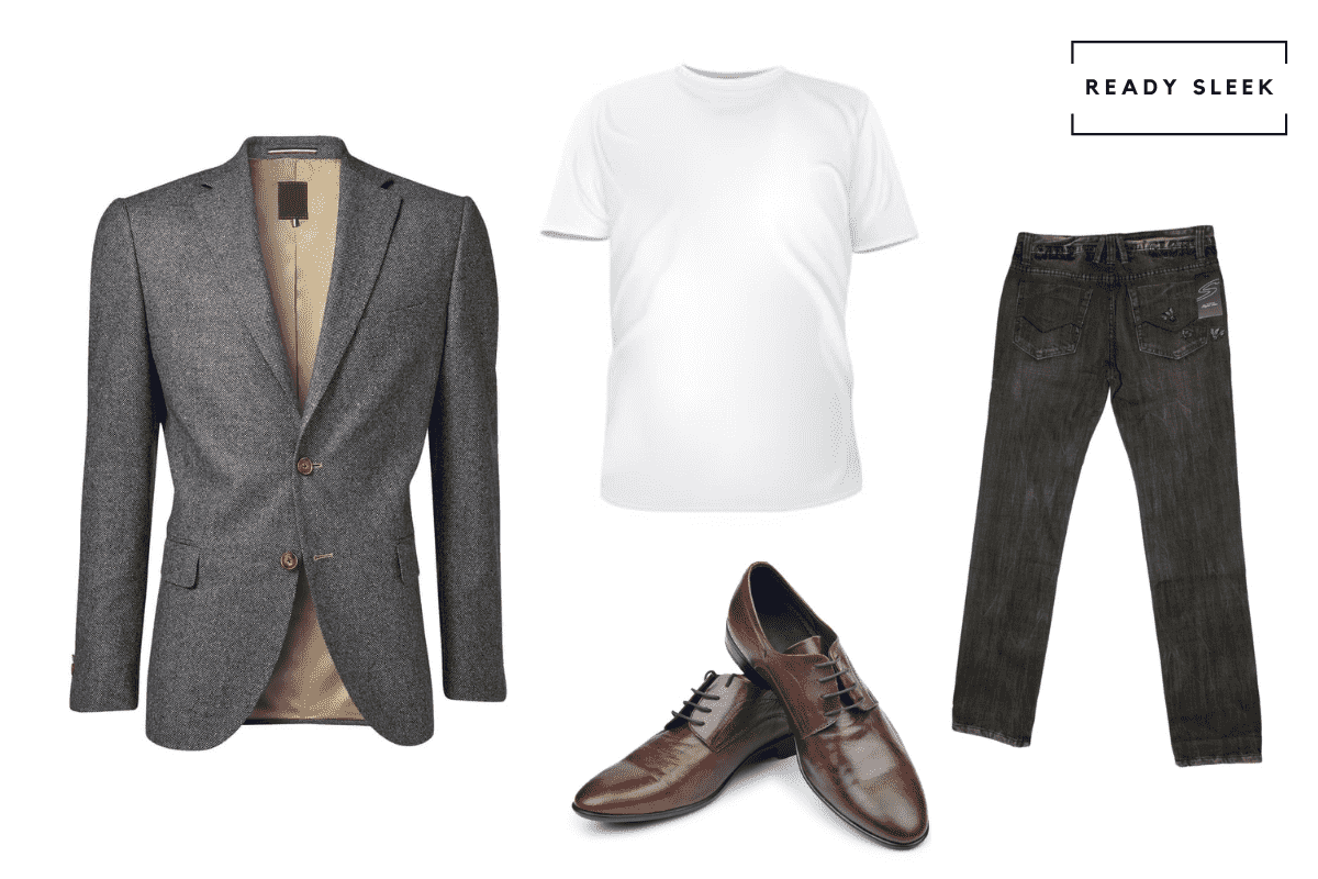 Dark grey blazer with white tshirt, black jeans and dark brown dress shoes